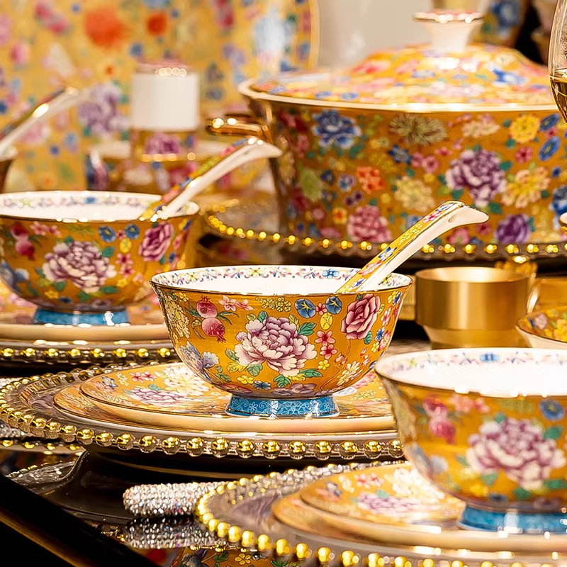 景德镇珐琅彩餐具套装高档骨瓷碗碟盘家用乔迁新居高级感陶瓷碗具